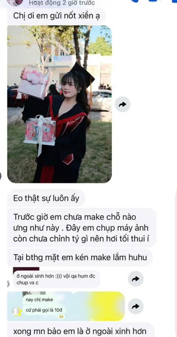 Tin nhắn khách gửi AMI kèm ảnh lễ tốt nghiệp: trước giờ em chưa make chỗ nào ưng như này