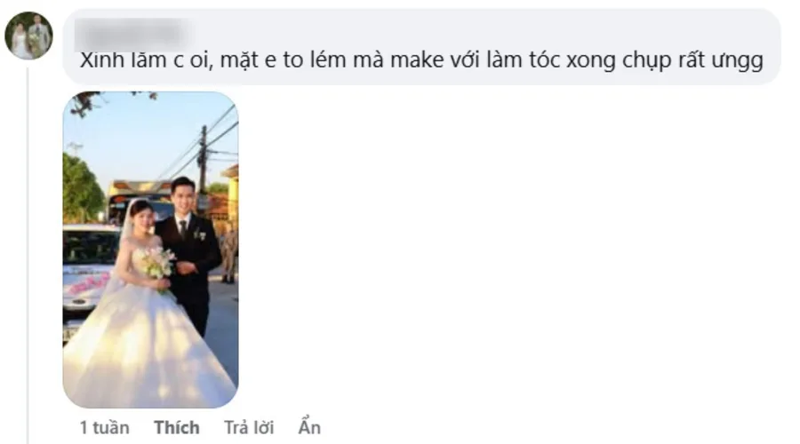 Bình luận Facebook của cô dâu kèm ảnh cưới: mặt em to lắm mà make với làm tóc xong chụp rất ưng