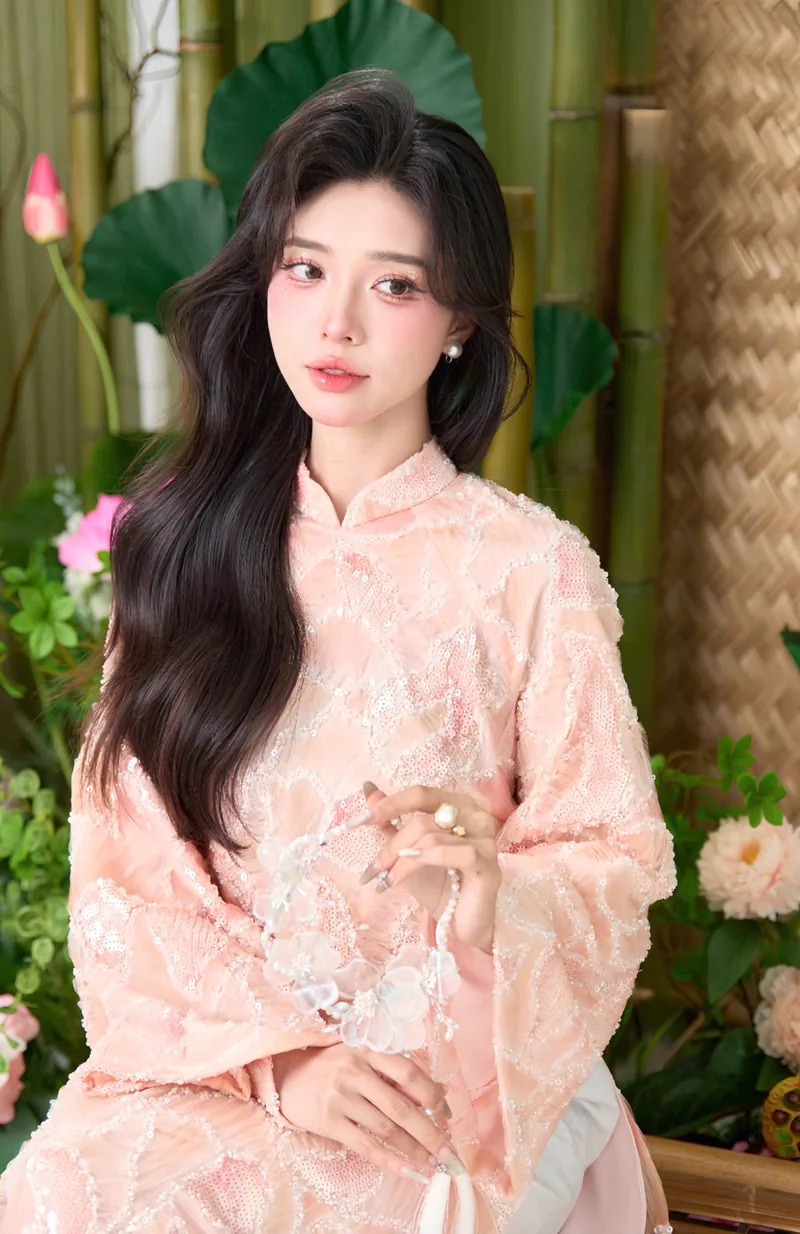 Cô dâu áo dài hồng pastel dịu dàng